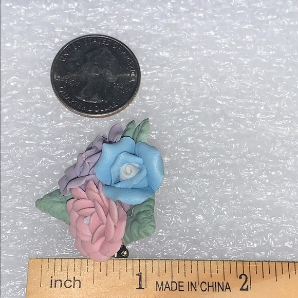 Ceramic Blue, Pink, & Violet Roses Brooch Pin - Picture 7 of 14